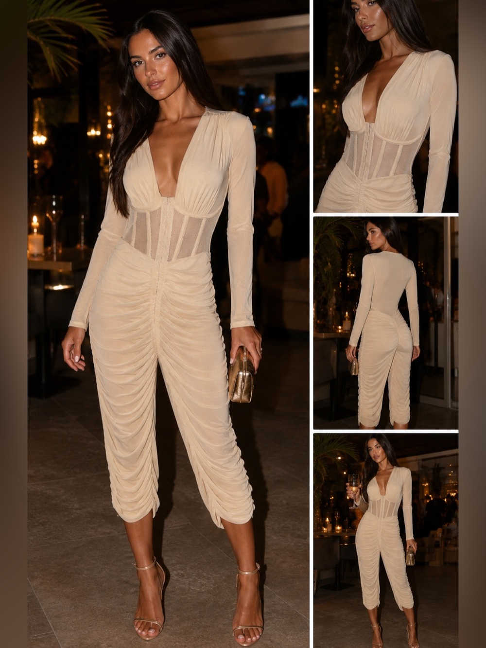 Privy Mesh Sheer Ruched Capri Jumpsuit Cream Long Sleeve Party S Clubwear Sexy